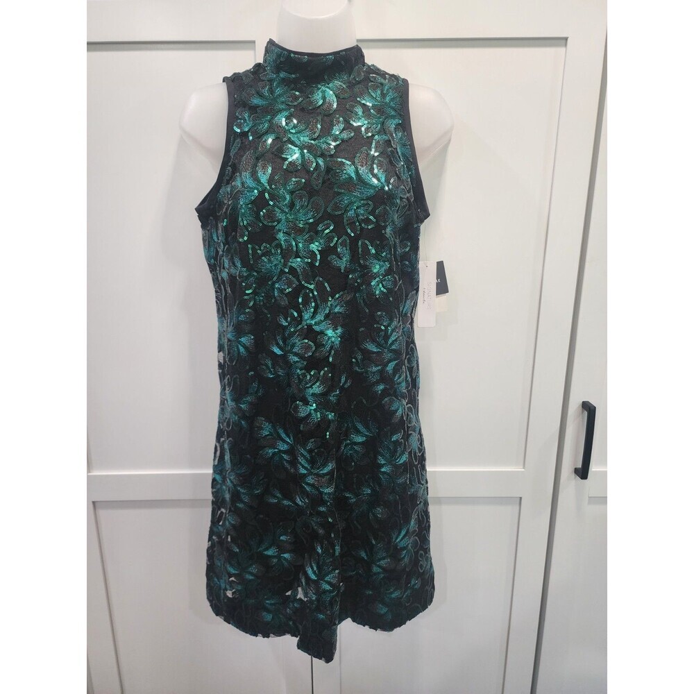 Signature By Robbie Bee Emerald/Black Floral Sequin Sleeveless Midi Dress Sz M